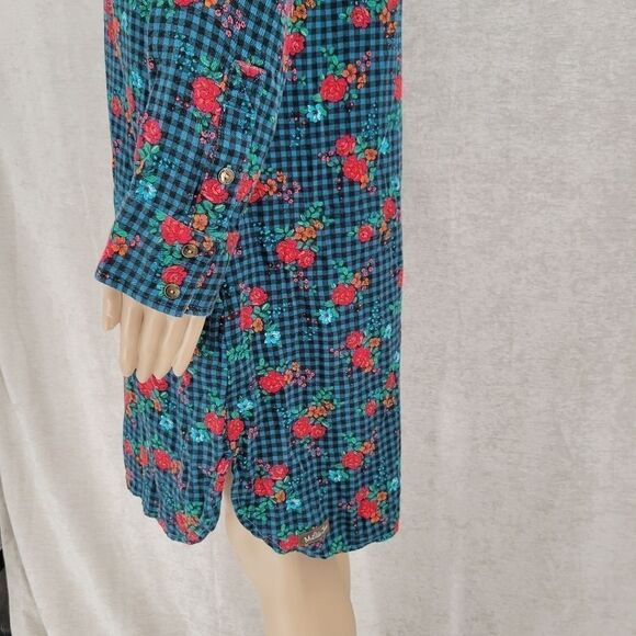 Matilda Jane Dark Teal Blsck Gingham and Floral Button Up Shirt Midi Dress - Picture 7 of 13